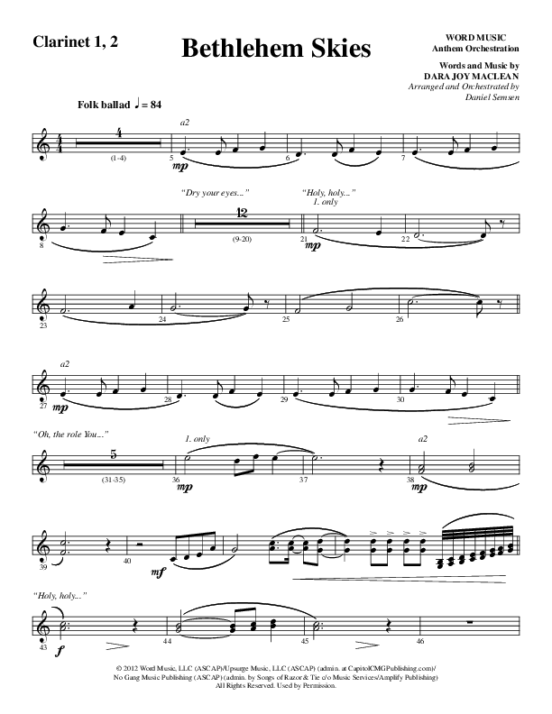 Bethlehem Skies (Choral Anthem SATB) Clarinet 1/2 (Word Music Choral / Arr. Daniel Semsen)