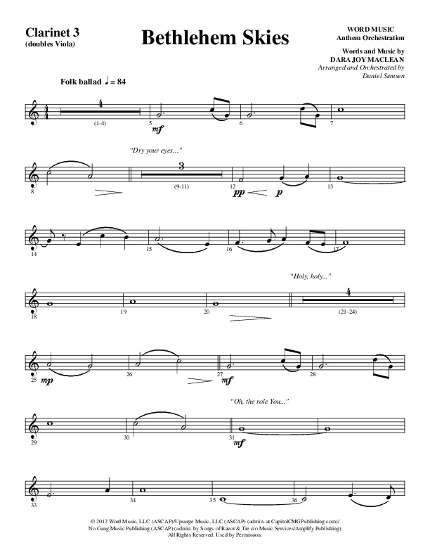 Bethlehem Skies (Choral Anthem SATB) Clarinet 3 (Word Music Choral / Arr. Daniel Semsen)