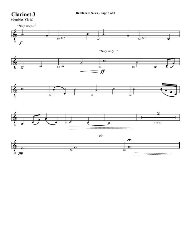 Bethlehem Skies (Choral Anthem SATB) Clarinet 3 (Word Music Choral / Arr. Daniel Semsen)