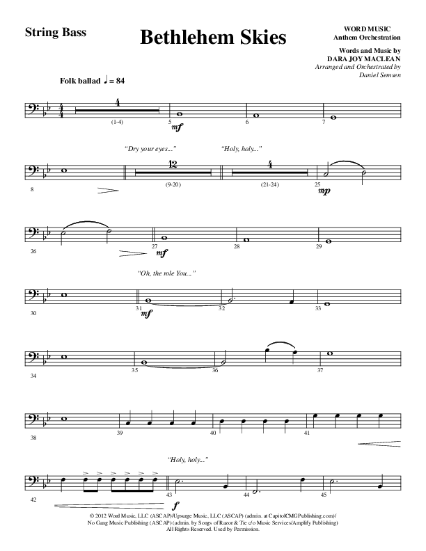 Bethlehem Skies (Choral Anthem SATB) Double Bass (Word Music Choral / Arr. Daniel Semsen)