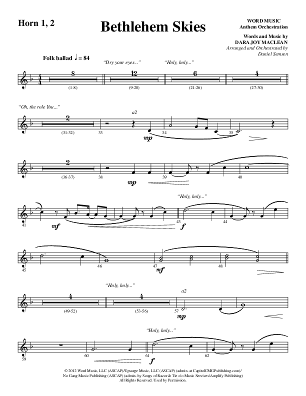Bethlehem Skies (Choral Anthem SATB) French Horn 1/2 (Word Music Choral / Arr. Daniel Semsen)