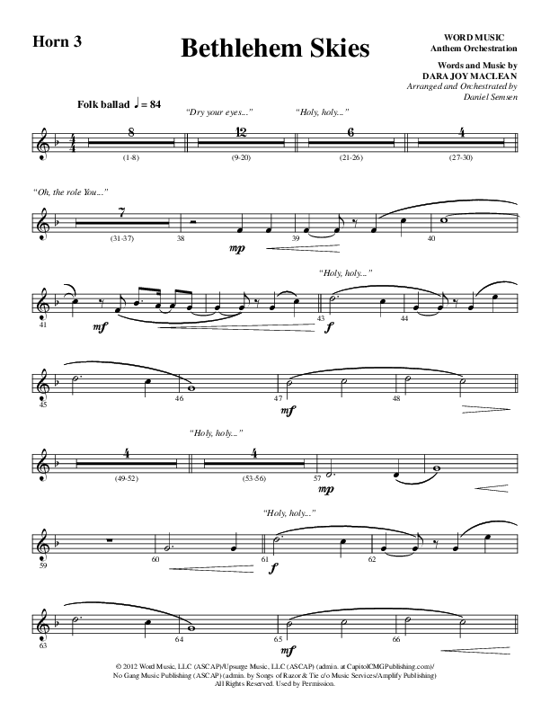 Bethlehem Skies (Choral Anthem SATB) French Horn 3 (Word Music Choral / Arr. Daniel Semsen)