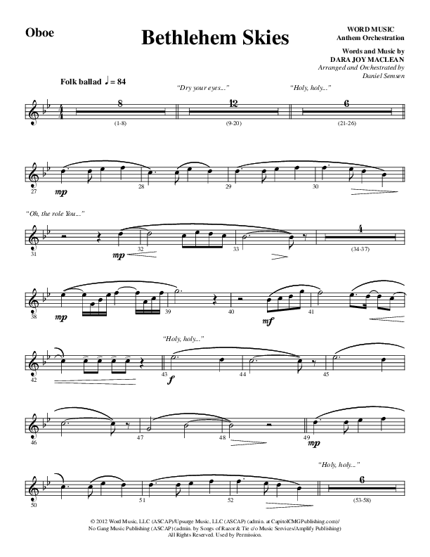 Bethlehem Skies (Choral Anthem SATB) Oboe (Word Music Choral / Arr. Daniel Semsen)