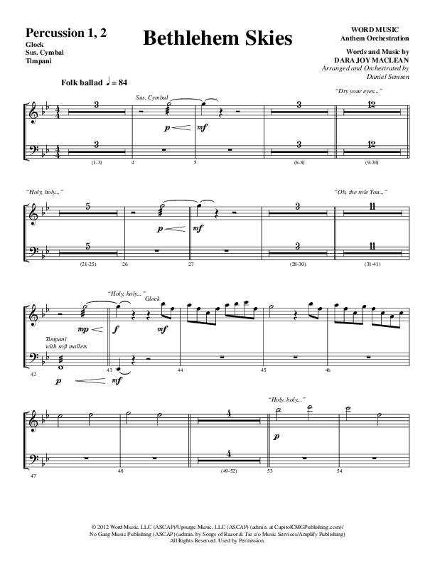 Bethlehem Skies (Choral Anthem SATB) Percussion 1/2 (Word Music Choral / Arr. Daniel Semsen)