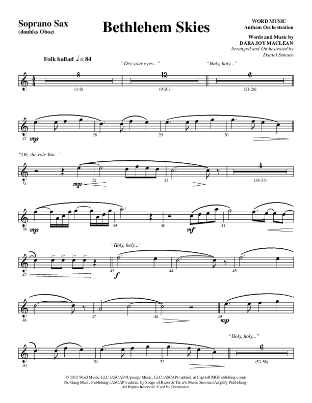 Bethlehem Skies (Choral Anthem SATB) Soprano Sax (Word Music Choral / Arr. Daniel Semsen)