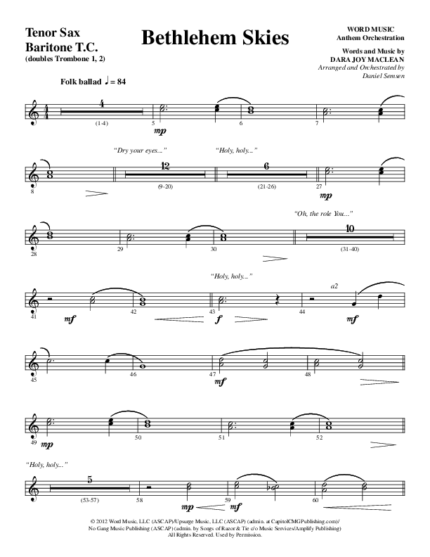 Bethlehem Skies (Choral Anthem SATB) Tenor Sax/Baritone T.C. (Word Music Choral / Arr. Daniel Semsen)