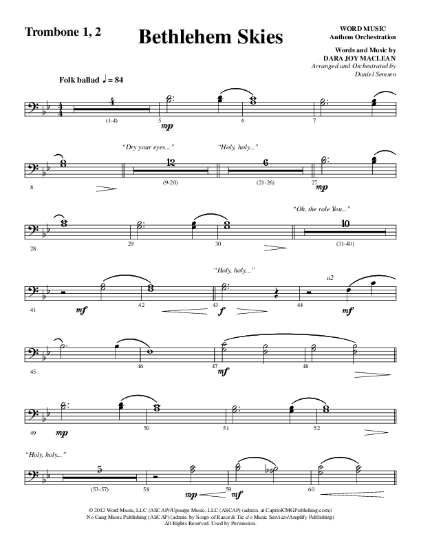 Bethlehem Skies (Choral Anthem SATB) Trombone 1/2 (Word Music Choral / Arr. Daniel Semsen)