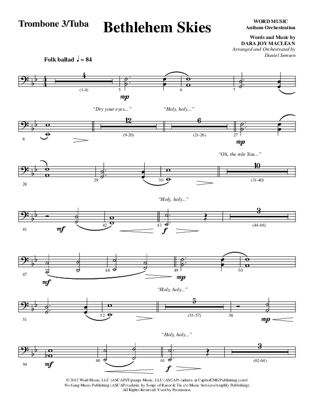 Bethlehem Skies (Choral Anthem SATB) Trombone 3/Tuba (Word Music Choral / Arr. Daniel Semsen)