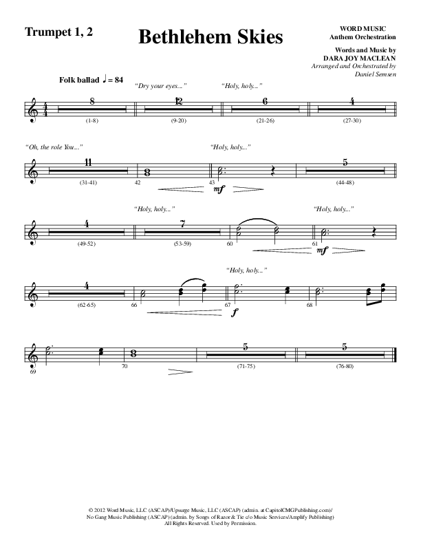 Bethlehem Skies (Choral Anthem SATB) Trumpet 1,2 (Word Music Choral / Arr. Daniel Semsen)