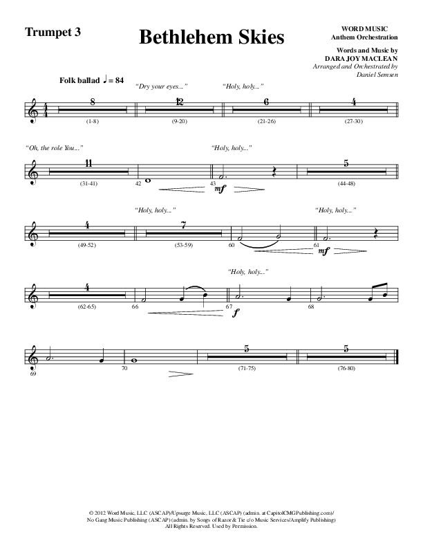 Bethlehem Skies (Choral Anthem SATB) Trumpet 3 (Word Music Choral / Arr. Daniel Semsen)