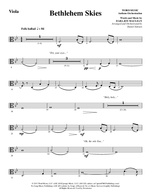 Bethlehem Skies (Choral Anthem SATB) Viola (Word Music Choral / Arr. Daniel Semsen)