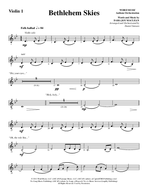 Bethlehem Skies (Choral Anthem SATB) Violin 1 (Word Music Choral / Arr. Daniel Semsen)