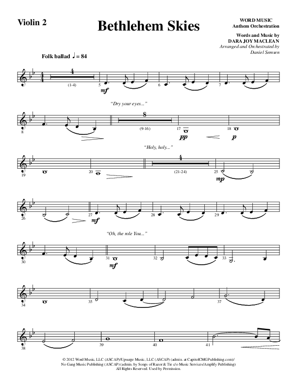 Bethlehem Skies (Choral Anthem SATB) Violin 2 (Word Music Choral / Arr. Daniel Semsen)