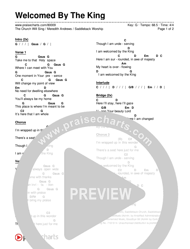 Welcomed By The King Chords & Lyrics (The Church Will Sing / Meredith Andrews / Saddleback Worship)