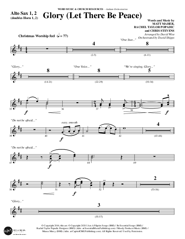 Glory (Let There Be Peace) (Choral Anthem SATB) Alto Sax 1/2 (Word Music Choral / Arr. David Wise / Arr. David Shipps)
