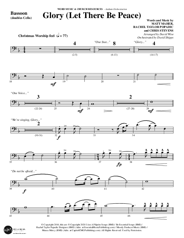 Glory (Let There Be Peace) (Choral Anthem SATB) Bassoon (Word Music Choral / Arr. David Wise / Arr. David Shipps)