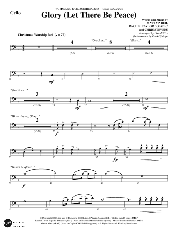 Glory (Let There Be Peace) (Choral Anthem SATB) Cello (Word Music Choral / Arr. David Wise / Arr. David Shipps)