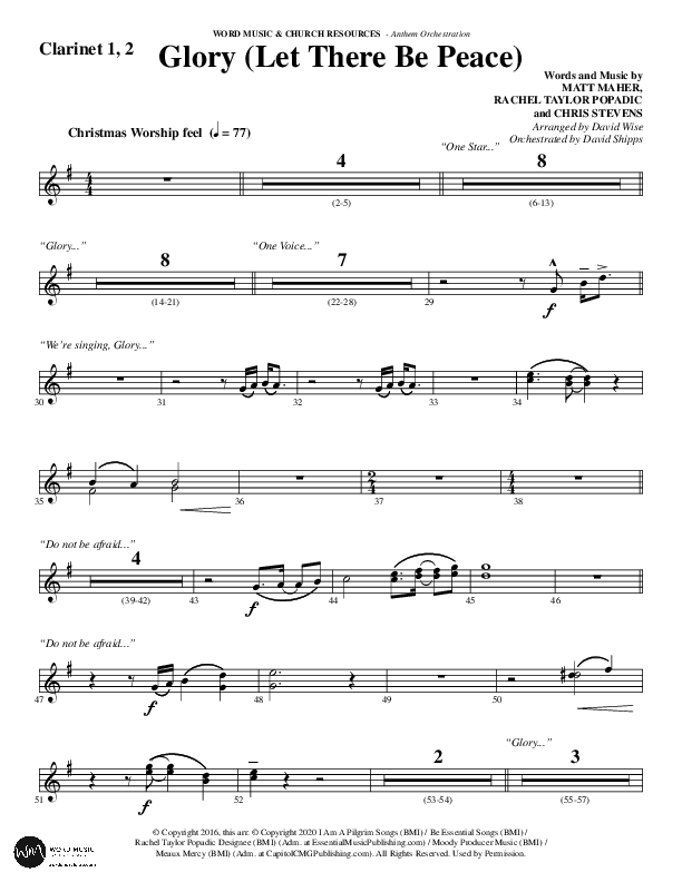 Glory (Let There Be Peace) (Choral Anthem SATB) Clarinet 1/2 (Word Music Choral / Arr. David Wise / Arr. David Shipps)