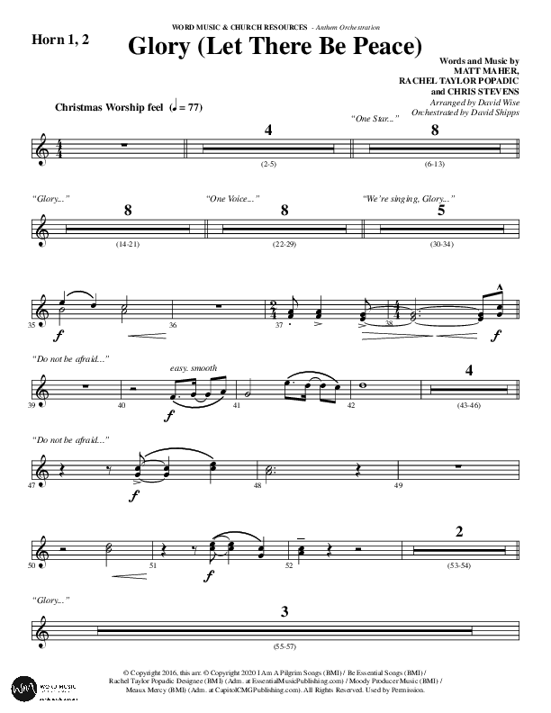 Glory (Let There Be Peace) (Choral Anthem SATB) French Horn 1/2 (Word Music Choral / Arr. David Wise / Arr. David Shipps)