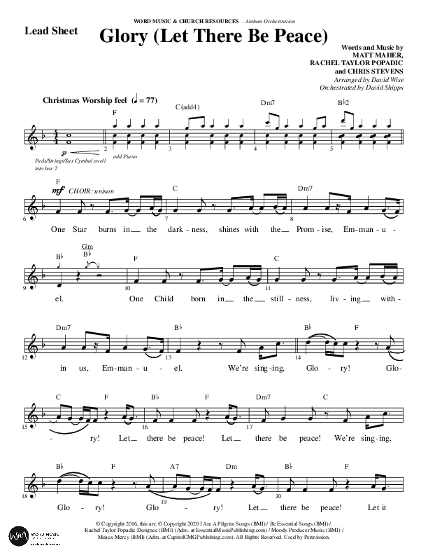 Glory (Let There Be Peace) (Choral Anthem SATB) Lead Sheet (Melody) (Word Music Choral / Arr. David Wise / Arr. David Shipps)