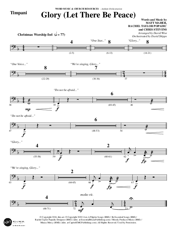 Glory (Let There Be Peace) (Choral Anthem SATB) Timpani (Word Music Choral / Arr. David Wise / Arr. David Shipps)