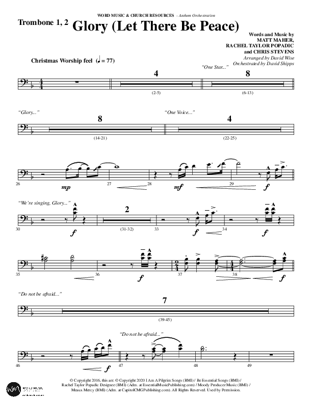 Glory (Let There Be Peace) (Choral Anthem SATB) Trombone 1/2 (Word Music Choral / Arr. David Wise / Arr. David Shipps)