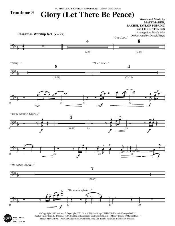 Glory (Let There Be Peace) (Choral Anthem SATB) Trombone 3 (Word Music Choral / Arr. David Wise / Arr. David Shipps)