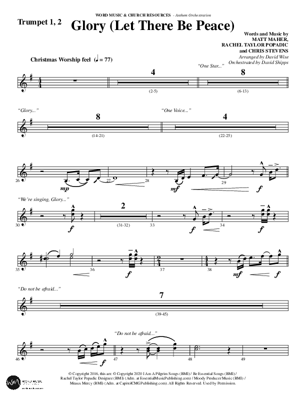 Glory (Let There Be Peace) (Choral Anthem SATB) Trumpet 1,2 (Word Music Choral / Arr. David Wise / Arr. David Shipps)