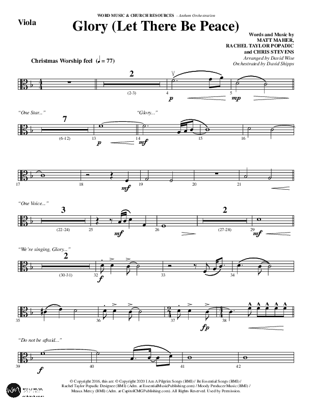 Glory (Let There Be Peace) (Choral Anthem SATB) Viola (Word Music Choral / Arr. David Wise / Arr. David Shipps)