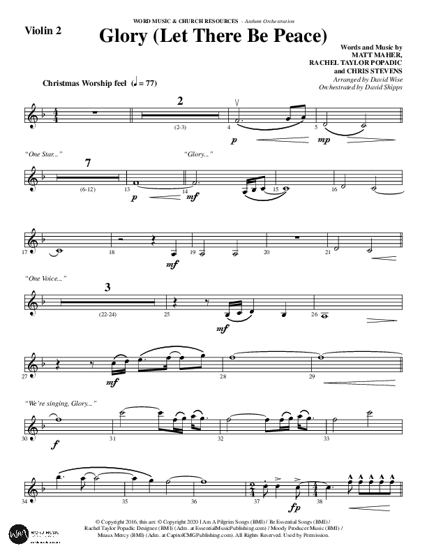 Glory (Let There Be Peace) (Choral Anthem SATB) Violin 2 (Word Music Choral / Arr. David Wise / Arr. David Shipps)