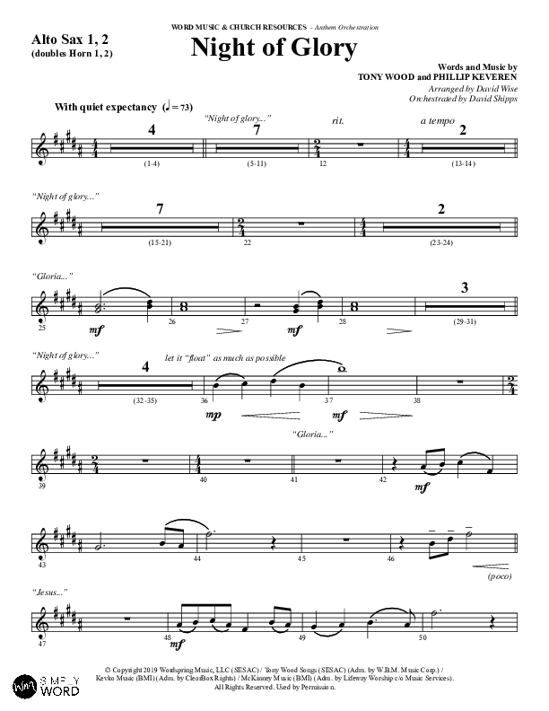 Night of Glory (Choral Anthem SATB) Alto Sax 1/2 (Word Music Choral / Arr. David Wise / Orch. David Shipps)