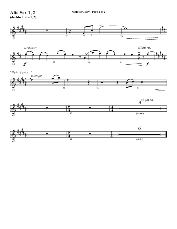 Night of Glory (Choral Anthem SATB) Alto Sax 1/2 (Word Music Choral / Arr. David Wise / Orch. David Shipps)