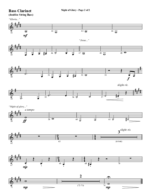 Night of Glory (Choral Anthem SATB) Bass Clarinet (Word Music Choral / Arr. David Wise / Orch. David Shipps)