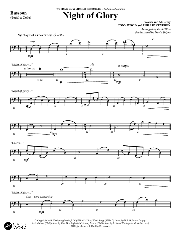 Night of Glory (Choral Anthem SATB) Bassoon (Word Music Choral / Arr. David Wise / Orch. David Shipps)