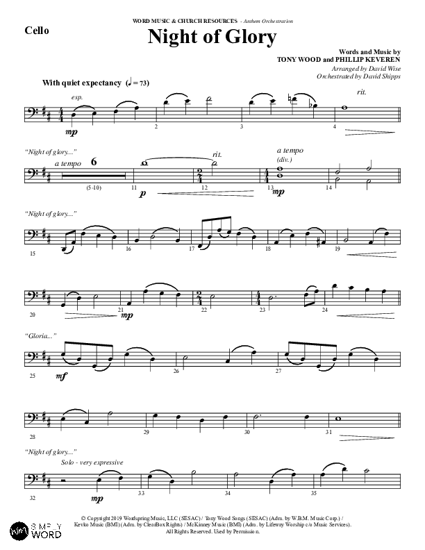 Night of Glory (Choral Anthem SATB) Cello (Word Music Choral / Arr. David Wise / Orch. David Shipps)