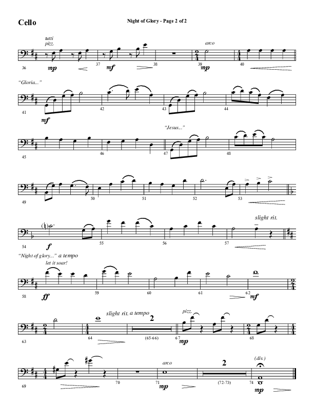 Night of Glory (Choral Anthem SATB) Cello (Word Music Choral / Arr. David Wise / Orch. David Shipps)