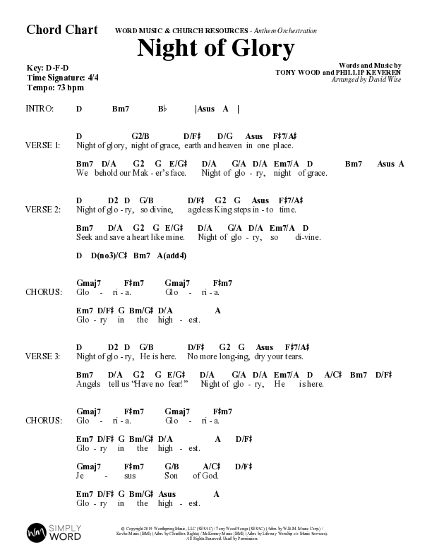 Night of Glory (Choral Anthem SATB) Chord Chart (Word Music Choral / Arr. David Wise / Orch. David Shipps)