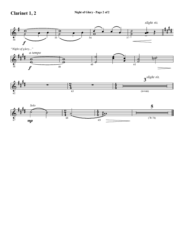 Night of Glory (Choral Anthem SATB) Clarinet 1/2 (Word Music Choral / Arr. David Wise / Orch. David Shipps)