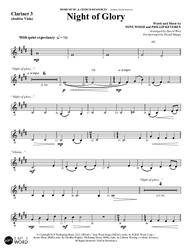 Night of Glory (Choral Anthem SATB) Clarinet 3 (Word Music Choral / Arr. David Wise / Orch. David Shipps)