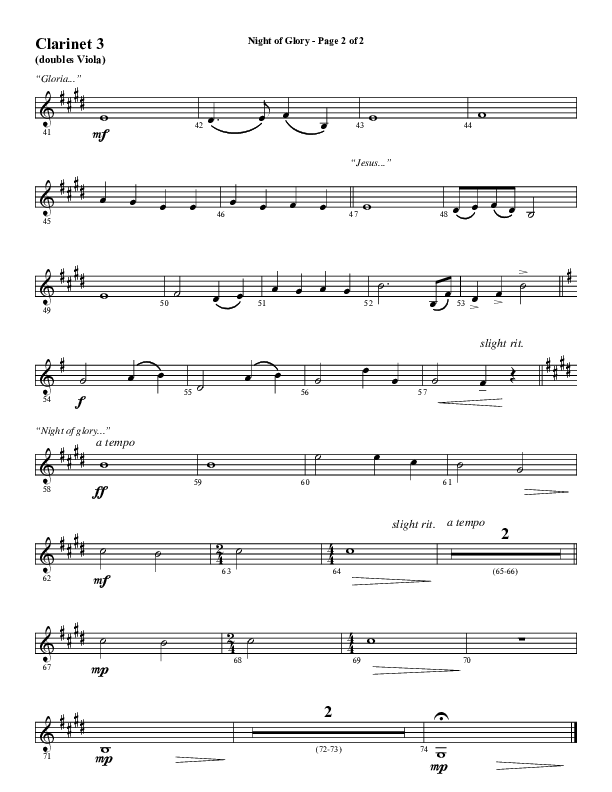 Night of Glory (Choral Anthem SATB) Clarinet 3 (Word Music Choral / Arr. David Wise / Orch. David Shipps)