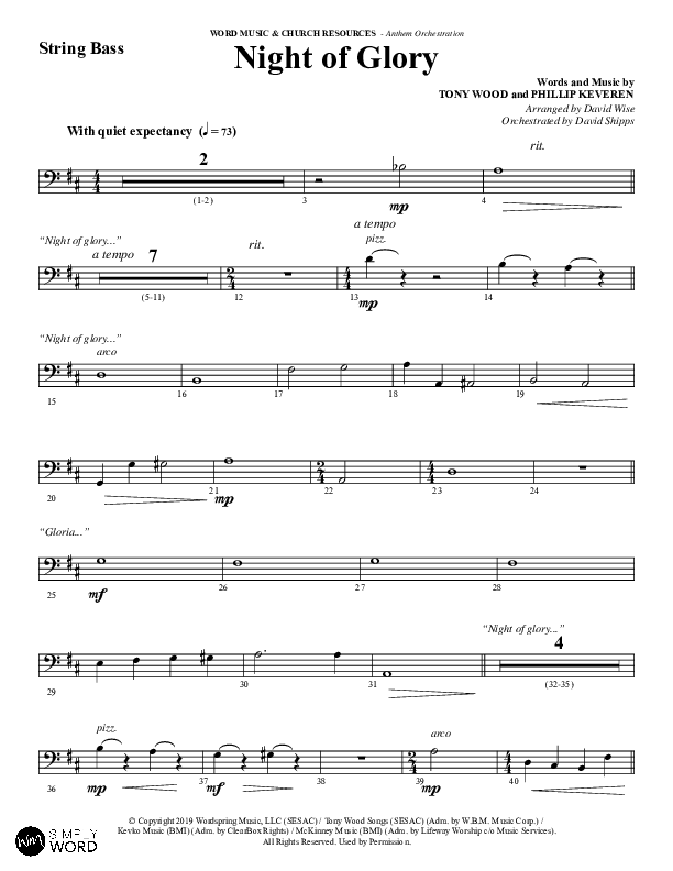 Night of Glory (Choral Anthem SATB) Double Bass (Word Music Choral / Arr. David Wise / Orch. David Shipps)