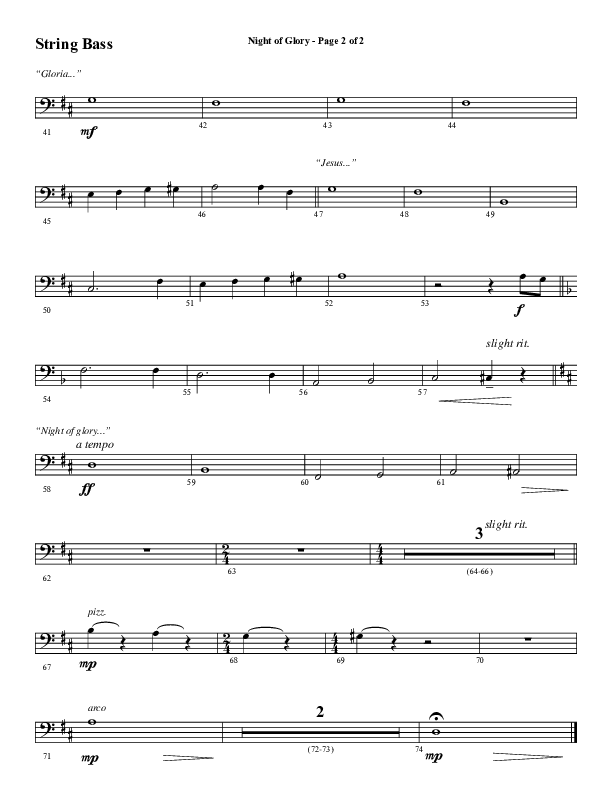 Night of Glory (Choral Anthem SATB) Double Bass (Word Music Choral / Arr. David Wise / Orch. David Shipps)