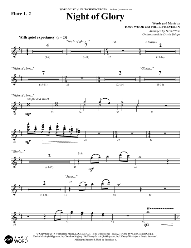 Night of Glory (Choral Anthem SATB) Flute 1/2 (Word Music Choral / Arr. David Wise / Orch. David Shipps)