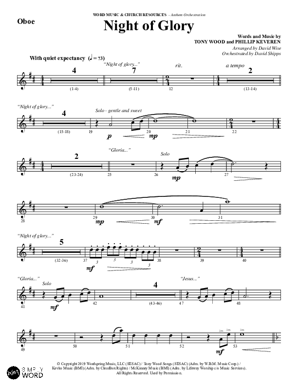 Night of Glory (Choral Anthem SATB) Oboe (Word Music Choral / Arr. David Wise / Orch. David Shipps)
