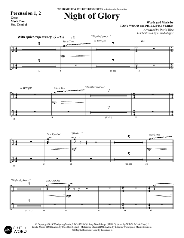 Night of Glory (Choral Anthem SATB) Percussion (Word Music Choral / Arr. David Wise / Orch. David Shipps)
