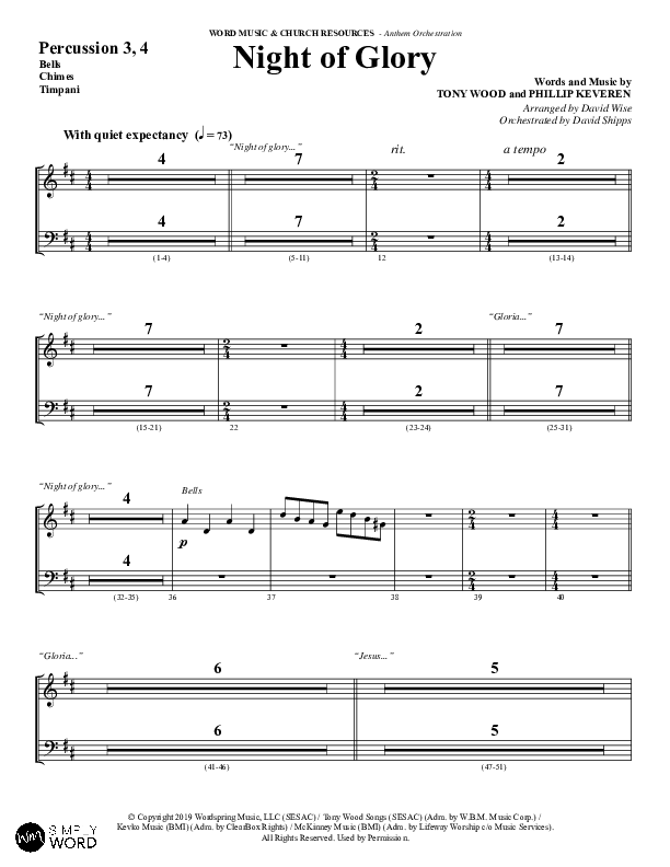 Night of Glory (Choral Anthem SATB) Percussion (Word Music Choral / Arr. David Wise / Orch. David Shipps)