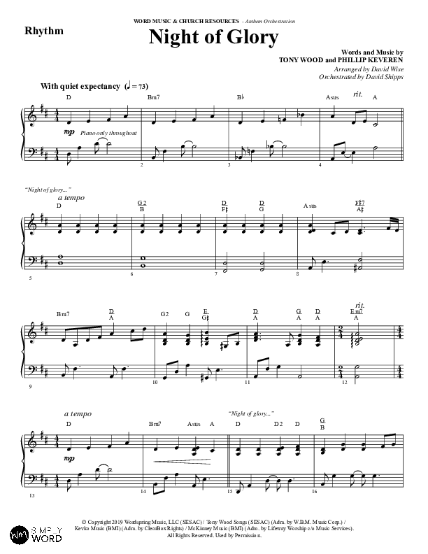 Night of Glory (Choral Anthem SATB) Rhythm Chart (Word Music Choral / Arr. David Wise / Orch. David Shipps)