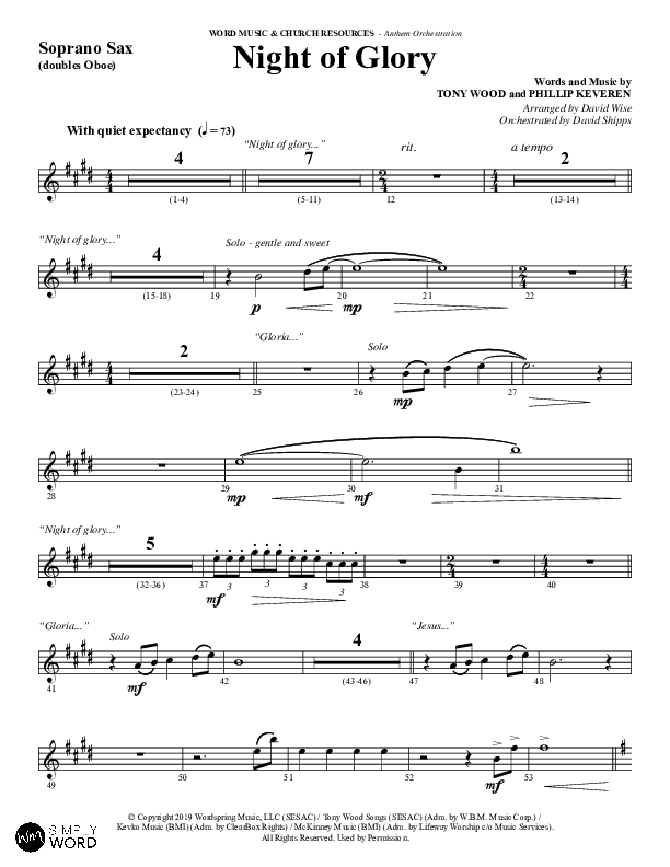 Night of Glory (Choral Anthem SATB) Soprano Sax (Word Music Choral / Arr. David Wise / Orch. David Shipps)