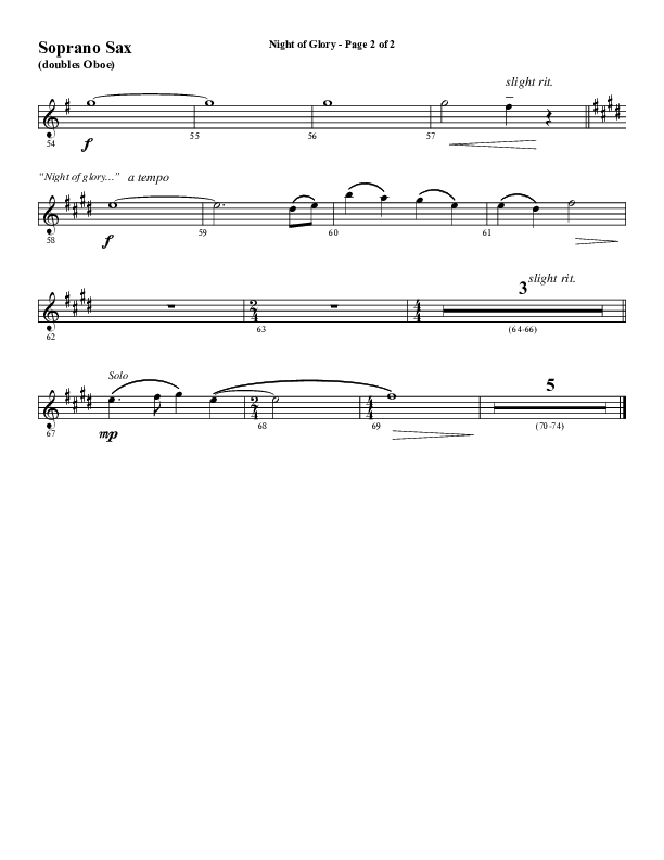Night of Glory (Choral Anthem SATB) Soprano Sax (Word Music Choral / Arr. David Wise / Orch. David Shipps)