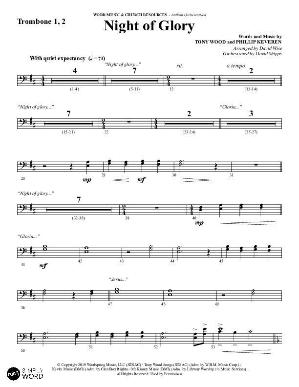 Night of Glory (Choral Anthem SATB) Trombone 1/2 (Word Music Choral / Arr. David Wise / Orch. David Shipps)